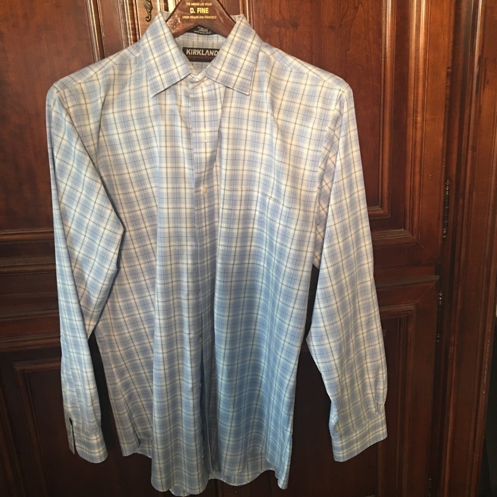 Kirkland Signature Slim Fit 100% Cotton Shirt Blue checked  Size 15 1/2 34.